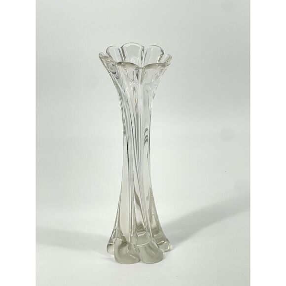 Vintage Clear Glass Swung Stretch Twist Vase Ruffle Top 11.5” Mid Century MCM - Picture 1 of 6